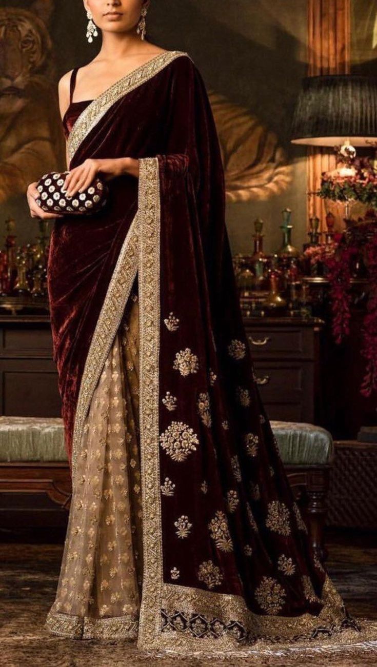 Velvet Saree, Sabyasachi Sarees, Indian Dresses Online, Blouse Images, Traditional Dresses Designs, Blouse Design Images, Sari Dress, Traditional Indian Dress, Red Lehenga