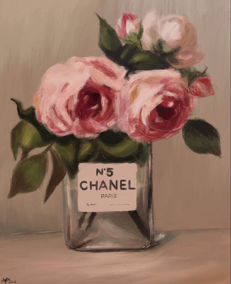 a painting of pink roses in a glass vase with a chanel label on it