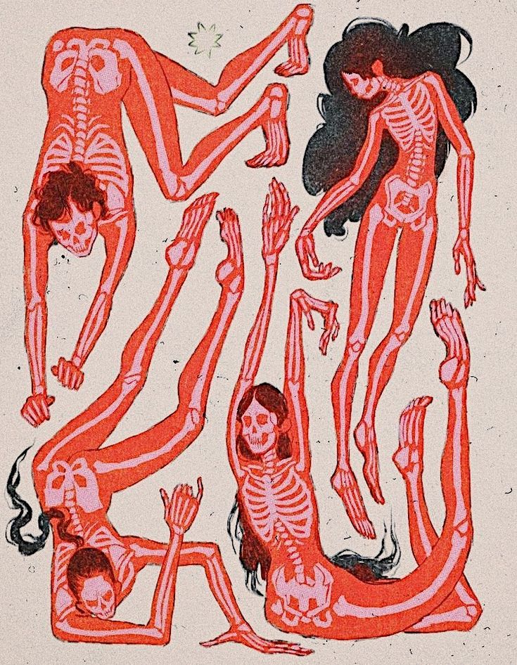 an image of some people in red and black art work on white paper with skeleton images