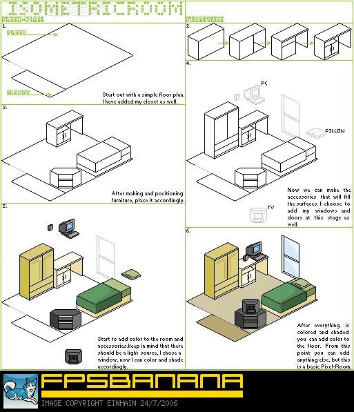 an image of a room with furniture and instructions on the side by side, including a bed