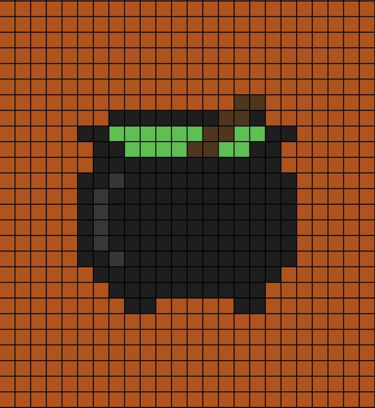 A pixel art template of an active black cauldron with a wooden stick and green inside. Cauldron Perler Bead Pattern, Pixel Art Begginers, Easy Halloween Pixel Art, Haunted House Pixel Art, Halloween Grid Art, Pixel Art Grid Halloween, Halloween 8bit, Cauldron Pixel Art, Cute Halloween Pixel Art