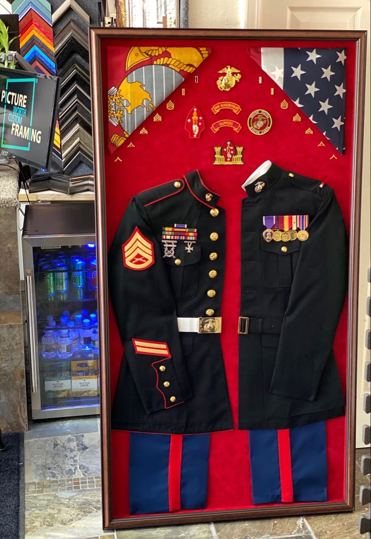 Usmc Shadow Box Ideas, Police Collage, Deployment Binder, Marine Corps Officer, Military Frames, Police Officer Uniform, Marines Uniform, Military Shadow Box, Marine Gifts