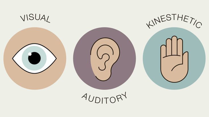 three circles with different types of ears and the words visual, kinesthetic, audiory