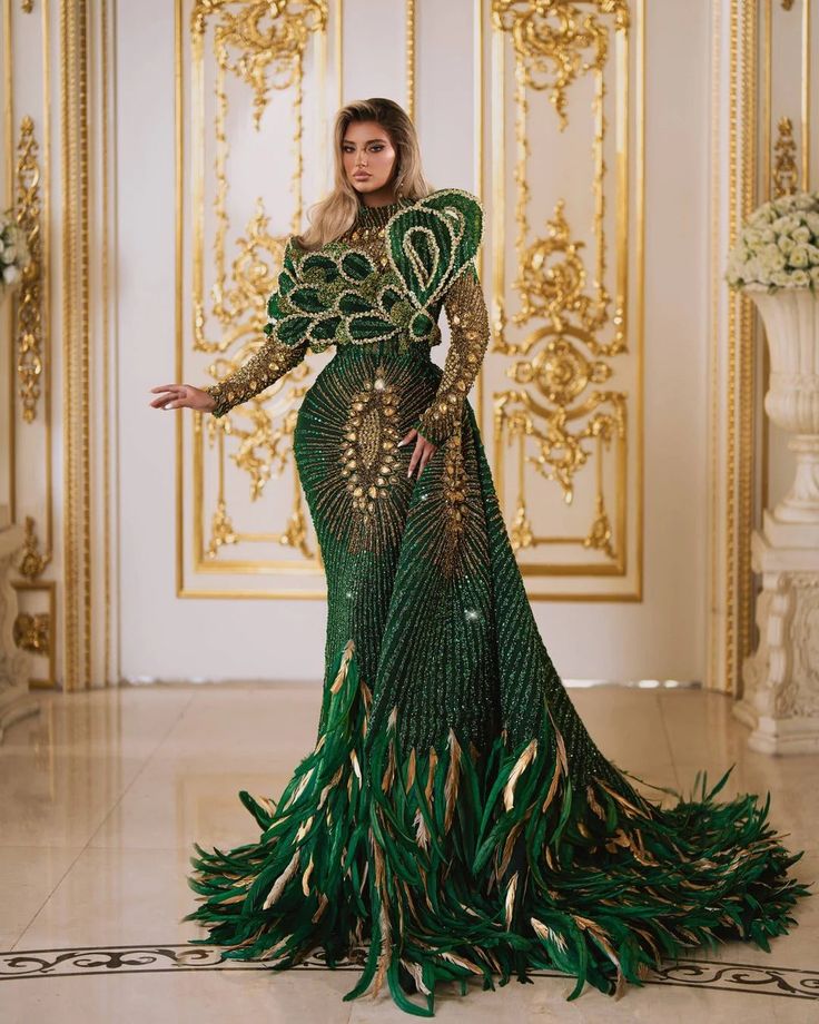 Taxes + Shipping included! Green Dress Gold Accessories, Green African Dress, Gold And Green Dress, Green Birthday Dress, Green And Yellow Dress, Emerald Green Wedding Dress, Unique Gowns, Luxury Gown, Peacock Dress