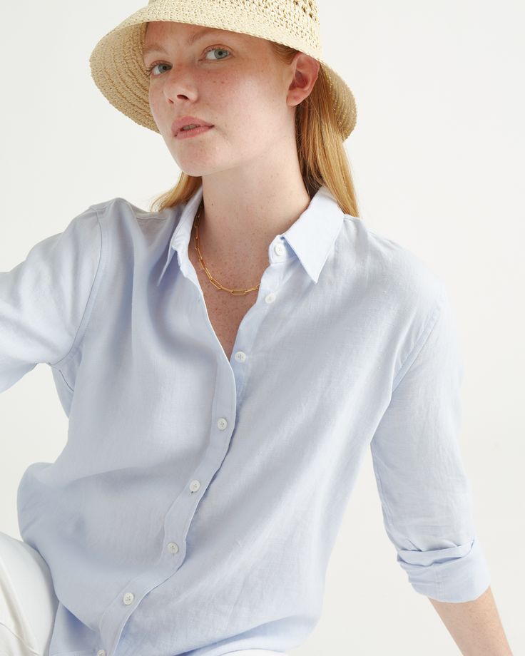 This shirt is the epitome of low-maintenance luxe. As a button-up, it's a classic wardrobe essential, but we love to wear it open as a spring/summer light layer. Our linen is made from 100% European flax, which is more sustainable and less resource-intensive to grow. Linen is the ultimate year-round fabric because it's breathable and naturally heat-regulating.  | Quince | Women's Long Sleeve Shirt in Light Blue, Size Medium, Linen Timeless Spring Tops With Button Closure, Spring Timeless Collared Dress Shirt, Timeless Spring Collared Blouse, Relaxed Fit Dress Shirt For Summer Daywear, Summer Relaxed Fit Button-up Dress Shirt, Relaxed Fit Blouse With Spread Collar For Summer, Summer Solid Color Dress Shirt With Button Closure, Classic Spring Shirt For Work, Summer Blouse With Relaxed Fit And Spread Collar