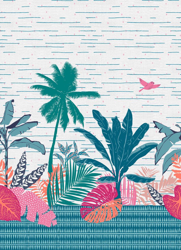 an illustration of tropical plants and birds on a blue striped background with pink, green, orange and white colors