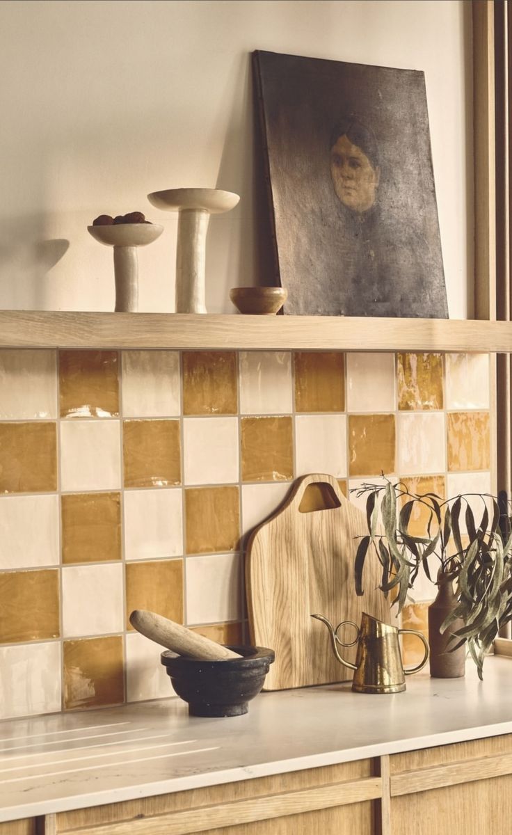 the kitchen counter is clean and ready to be used as an art work or display