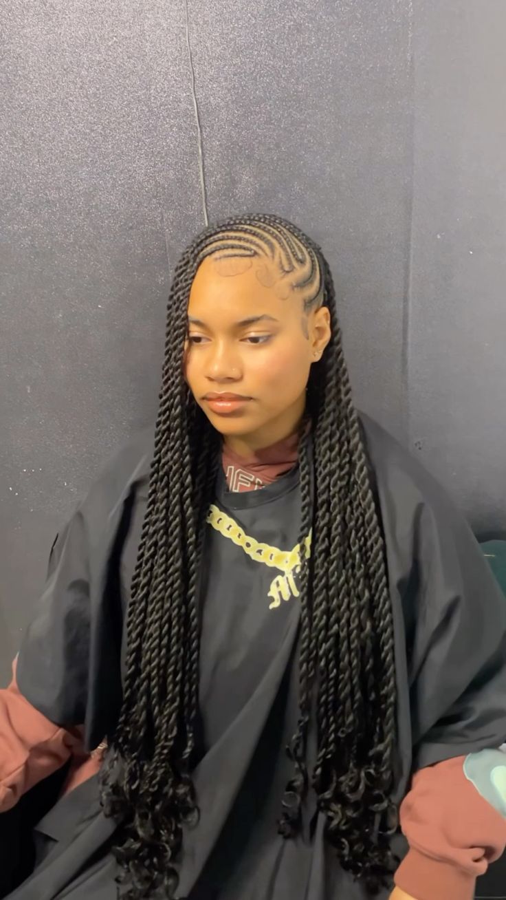 Small Ponytail Braids, Three Strand Braid Locs, Half Criss Cross Half Knotless Braids, Braids With Individuals In The Back, Side Part Tribals, Cornrows Braids Side Part, Swoop Braids Styles, Passion Twist With Braids, Tribals With Twist