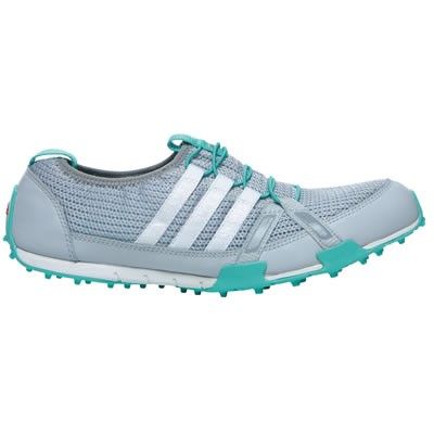 a women's adidas running shoe in grey and white with turquoise trims