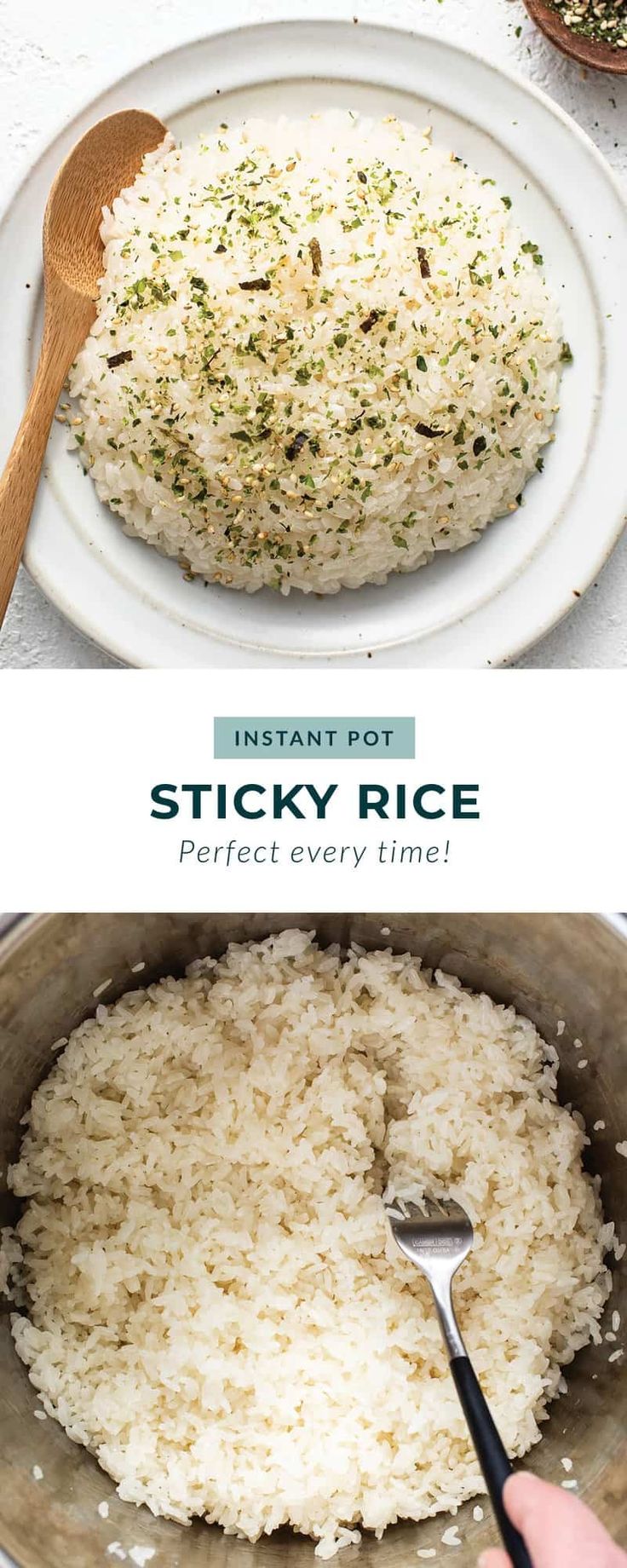 rice is being cooked in an instant pot and then put into a bowl with a spoon