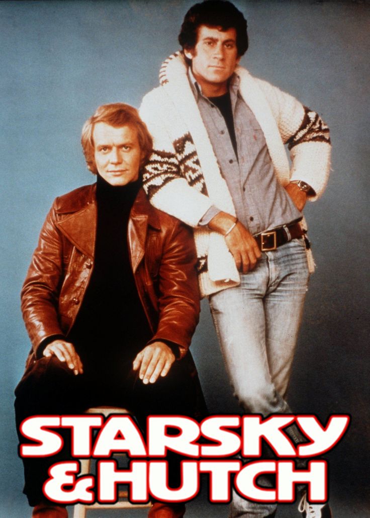 starsky and hutch poster with two men standing next to each other in front of a blue background