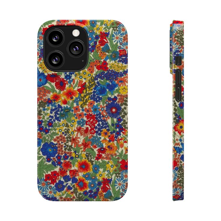 an iphone case with colorful flowers on it and a pen sticking out of the back