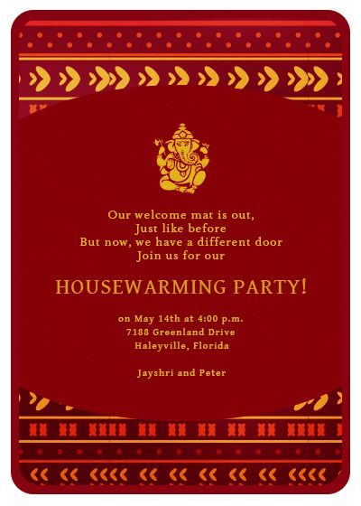 a red and gold housewarming party card