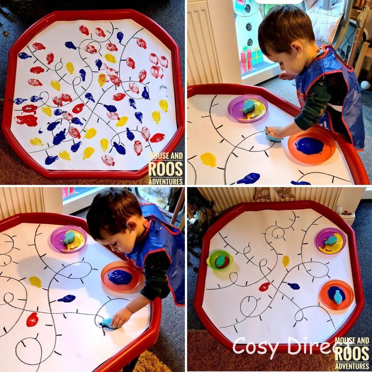 three pictures of a child playing with an art project