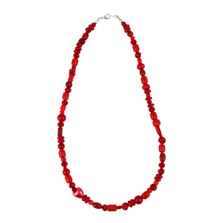 This unique Red Beaded Necklace features vintage glass beads that have been carefully handmade into a one-of-a-kind piece. Each bead has its own history and character, making this necklace truly special. Elevate your accessories game with this funky and distinctive necklace. Affordable Red Beaded Pendant Necklaces, Casual Red Beaded Necklaces Cheap, Cheap Casual Red Beaded Necklace, Casual Cheap Red Beaded Necklace, Cheap Red Beaded Necklace With Silver Beads, Cheap Red Beaded Necklaces For Summer, Affordable Red Beaded Necklace With Silver Beads, Cheap Red Beaded Necklace, Cheap Trendy Red Beaded Necklaces