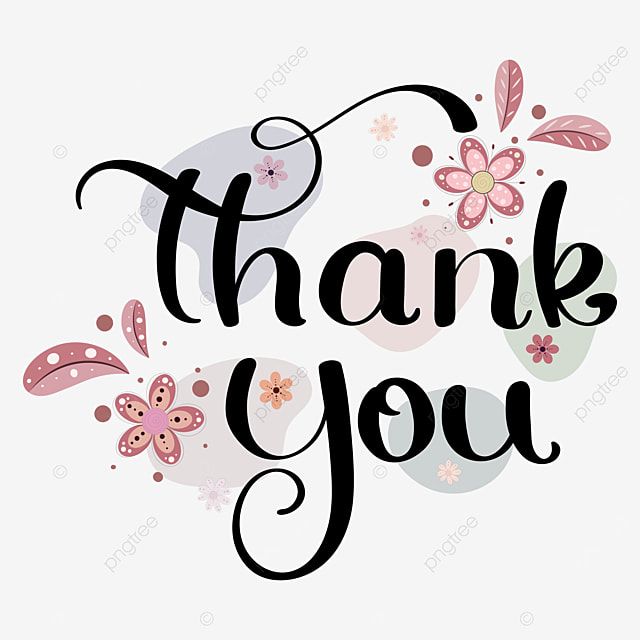 the words thank you written in black ink on a white background with pink flowers and leaves