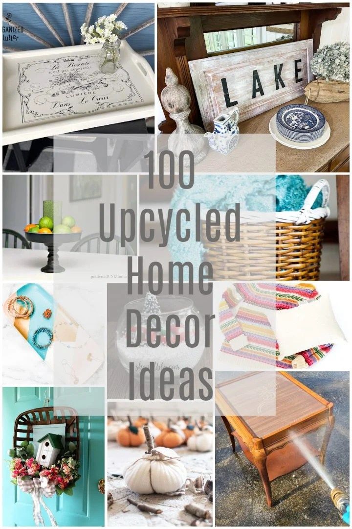 the words 100 upcycled home decor ideas are shown in many different styles and colors