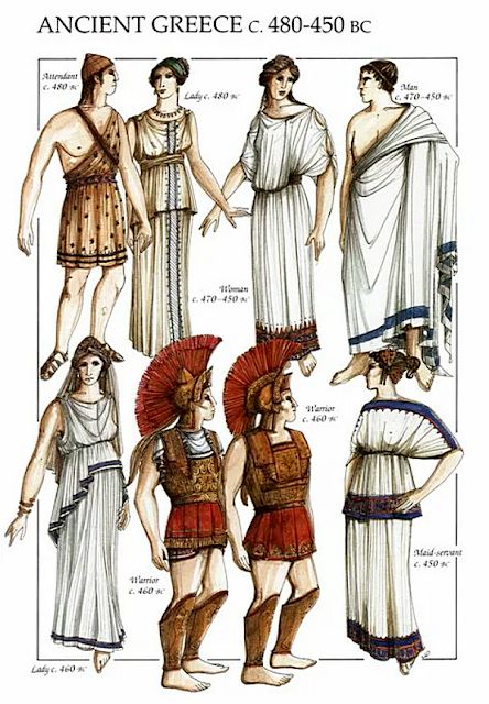 ancient greek costumes and headdresses from the early century, including men in roman garb