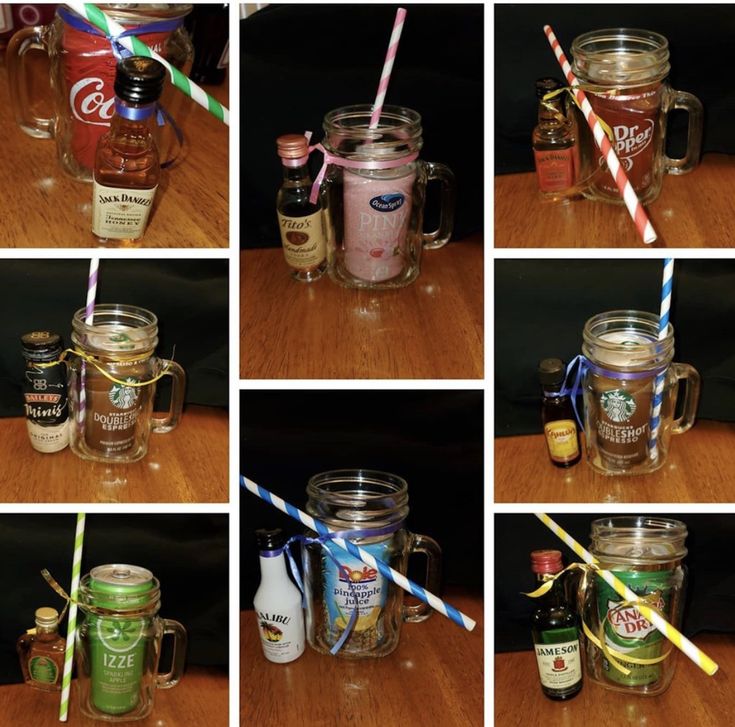 six different shots of coffee and drinks in mason jars with straws on the lids