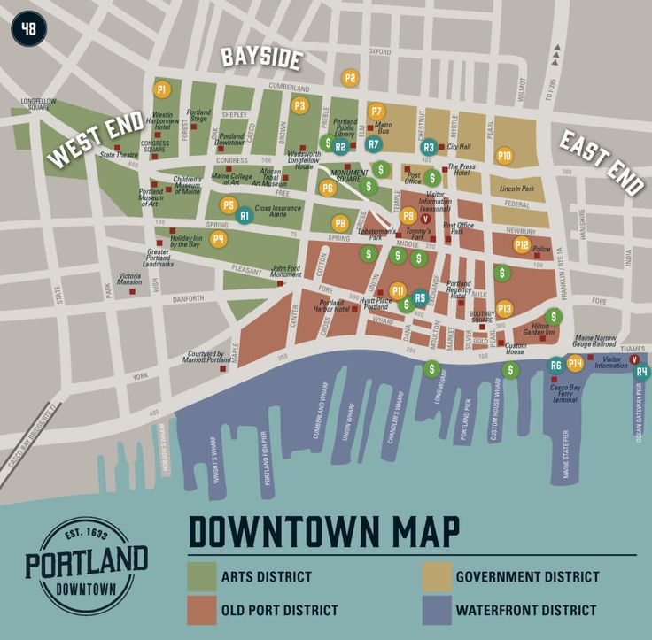 the downtown map is shown in red and green, with several locations marked on it