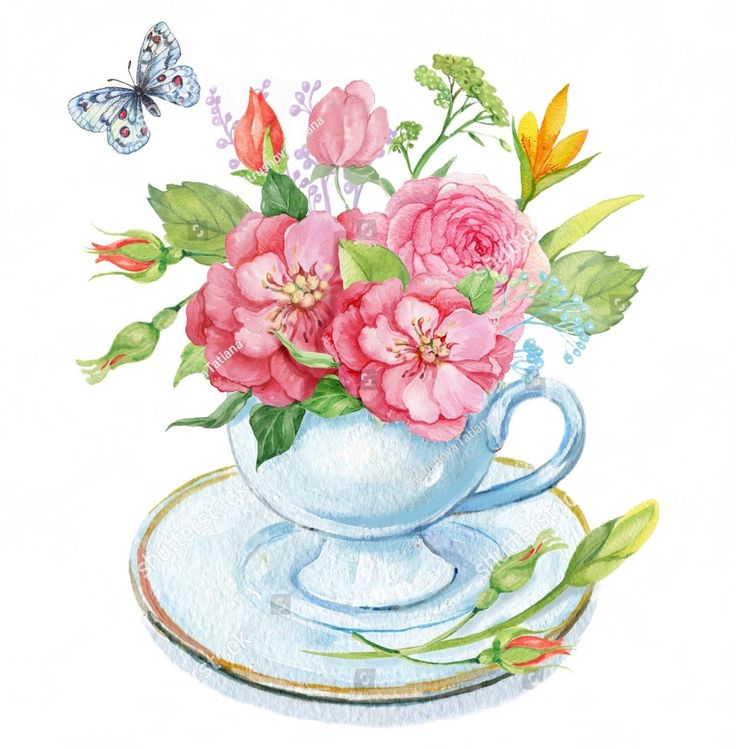 watercolor painting of pink flowers in a teacup on a saucer with butterflies