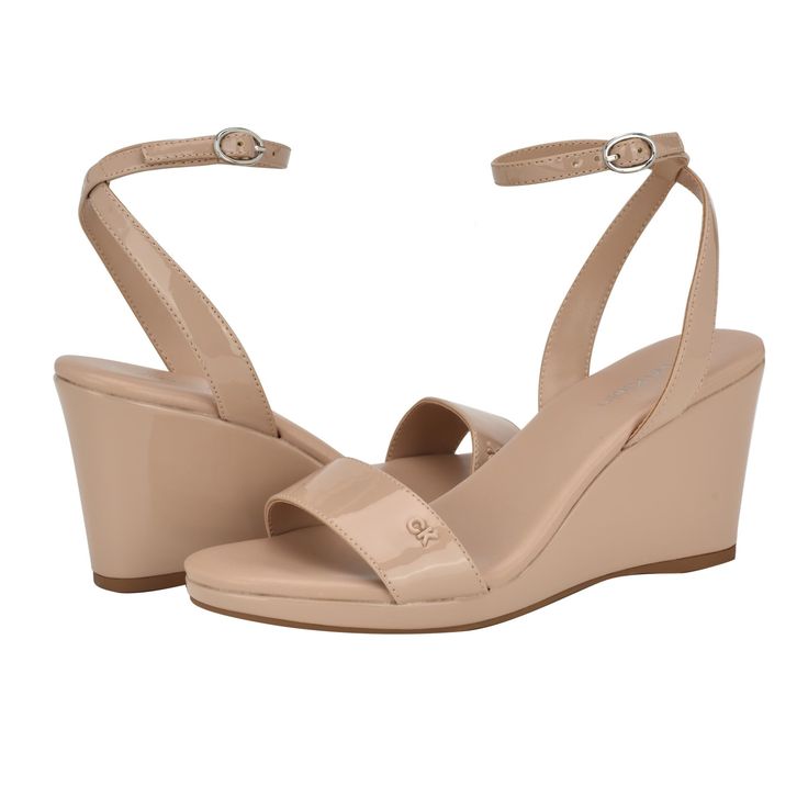 PRICES MAY VARY. Pointy Toe Buckle Closure Faux Patent Leather Upper ; Man Made Lining ; Footbed/Insole N/A 2.76" heel height Tan Heels, Calvin Klein Woman, Wedge Sandal, Womens Calvin Klein, Wedge Heels, Wedge Sandals, Patent Leather, Ankle Strap, Heel Height