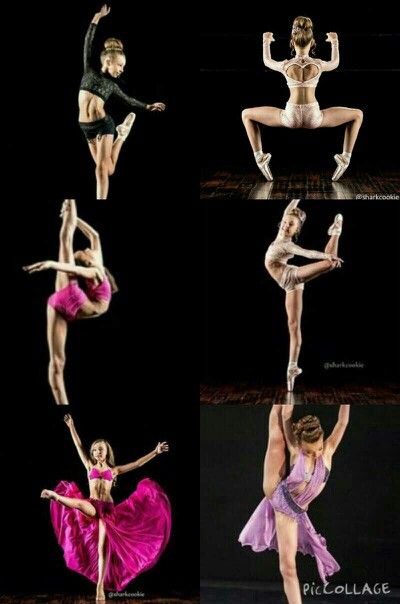 four different poses of a woman in pink and purple ballet clothes, one with her legs spread