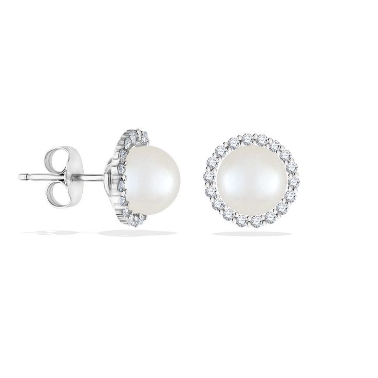 14K Yellow Gold Halo Stud Earrings with 6.5mm White Akoya Pearls and 0.27 Carats (total weight) of Diamonds. The earrings measure approximately 3/8" in diameter. 14k White Gold Pearl Earrings, Elegant Round Cut Cluster Earrings With Halo Setting, Anniversary Round Cluster Earrings In White, Elegant Round Cut Halo Cluster Earrings, White Round Cluster Earrings For Anniversary, Classic White Round Cluster Earrings, Formal Halo Cluster Earrings Fine Jewelry, Classic White Cluster Earrings, Formal Halo Cluster Earrings