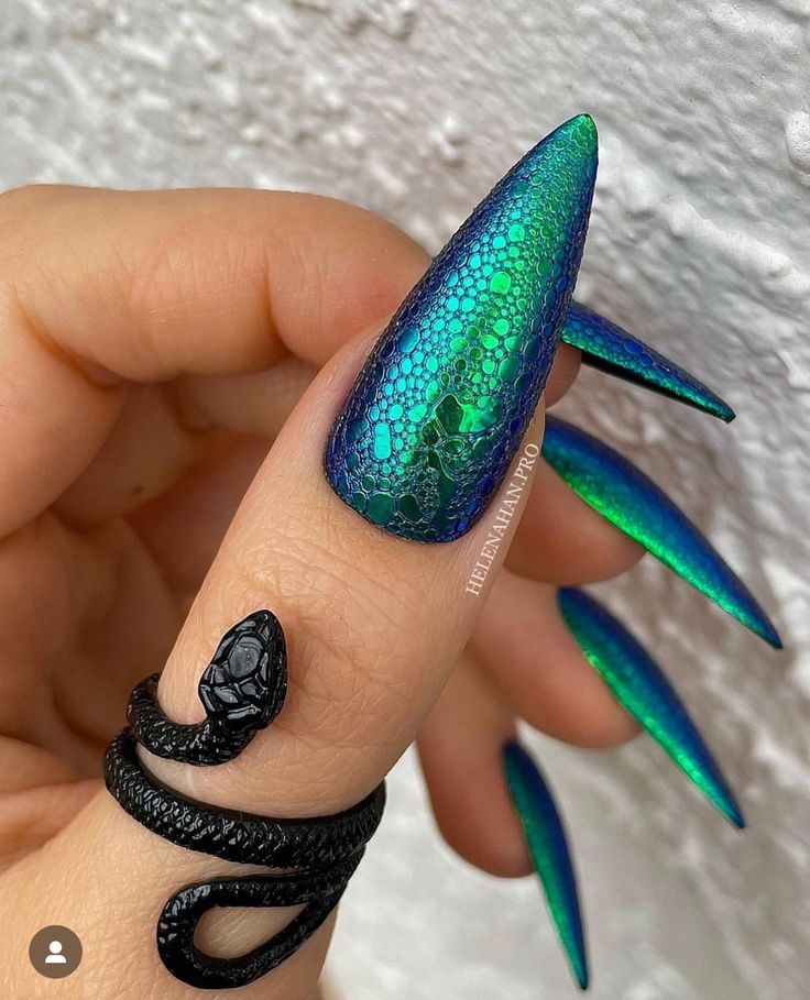 Dragon Scale Nails Designs, Scale Nails Designs, Dragon Scales Nails, Dragon Skin Nails, Dragon Inspired Nails, Dragon Scale Nails, Scales Nail Art, Dragon Nail Art, Snake Skin Nails