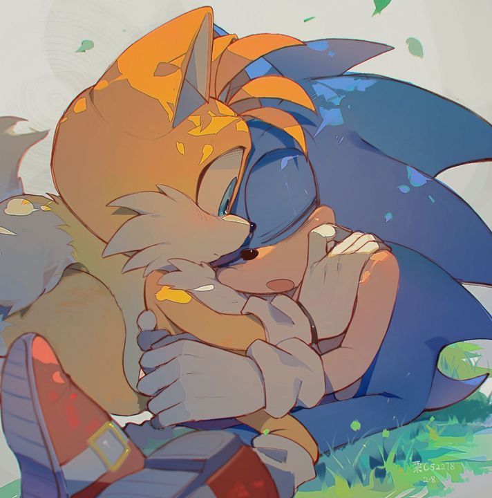 an image of a cartoon character hugging another character with his eyes closed and one hand on his face