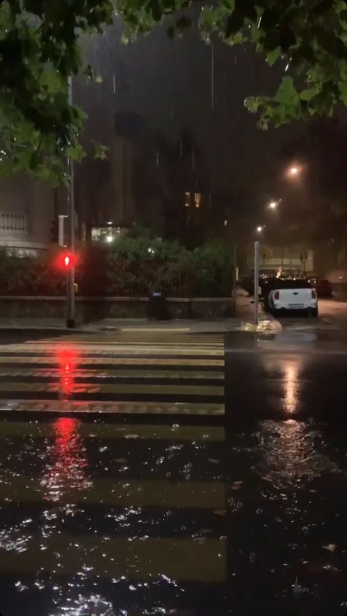 a red traffic light sitting on the side of a wet road at night with rain coming down