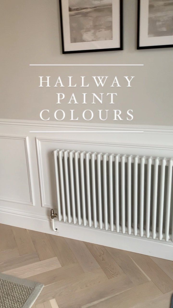 a white radiator with the words hallway paint colours above it and two pictures on the wall