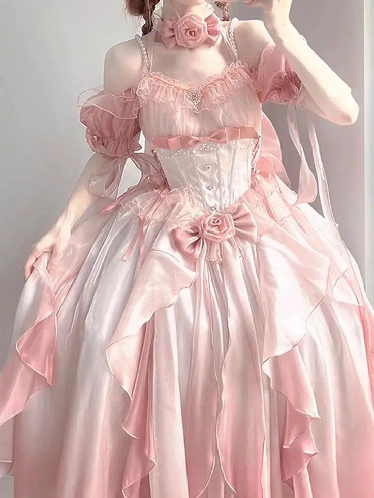 Pink Wedding Dress Tower Heavy Industry Trailing Skirt Pink Organza Dress With Ruffled Skirt, Pink Long Skirt Prom Dress, Pink Long Skirt Dress For Prom, White Princesscore Wedding Dress, Pink Ruffled Ball Gown For Fancy Dress, White Dress With Voluminous Skirt For Debutante Ball, Voluminous Dress With Cancan For Debutante Ball, White Ruffled Skirt Dresses, Fitted Dress With Tiered Skirt For Debutante Ball