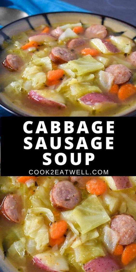 cabbage sausage soup with carrots and celery in a bowl