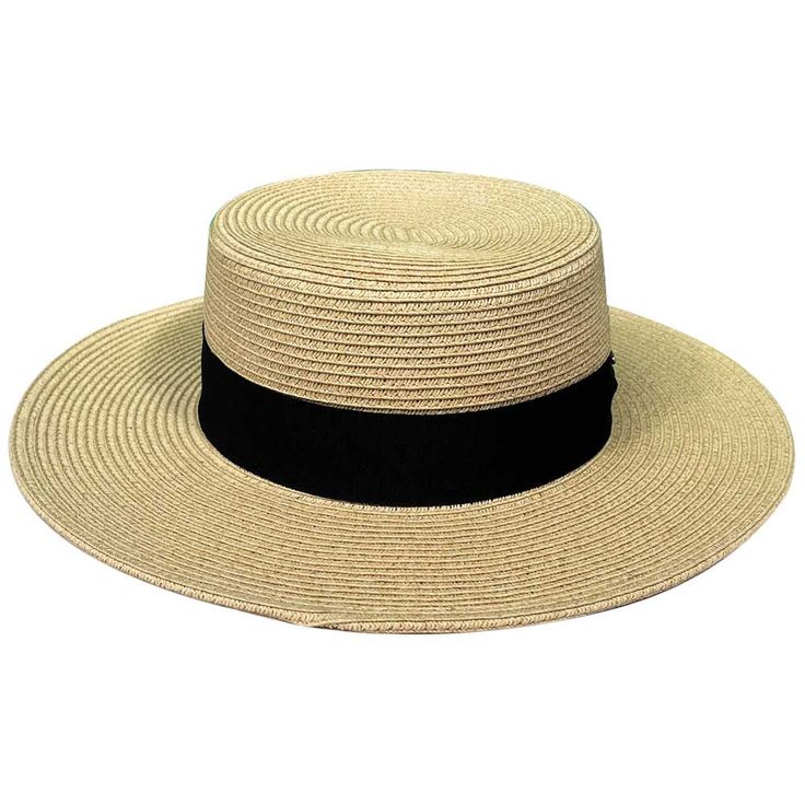 The Saint Martin Paper Braid Boater Hat is a trendy and fashionable style perfect for sunny days! With a petite 3" brim and shorter 3 1/2" crown it is the perfect accessory to top off your outfit! A paper-braid style, it is very durable and can withstanding being crushed and packed. Trim features include a black grosgrain band which culminates at the right hand side (traditional for women), and a saint martin pin at the center of the bow. Inside, you'll find a Saint Martin printed sweatband and a size adjuster to tighten it up if a little lose. Spring Wide Brim Boater Hat In Paper Straw, Spring Wide Brim Paper Straw Boater Hat, Adjustable Summer Boater Hat In Paper Straw, Trendy Vacation Boater Hat With Short Brim, Short Brim Boater Hat In Paper Straw For Spring, Summer Fedora With Adjustable Flat Crown, Adjustable Summer Hats With Flat Crown, Braided Brimmed Boater Hat For Spring, Trendy Brimmed Straw Boater Hat