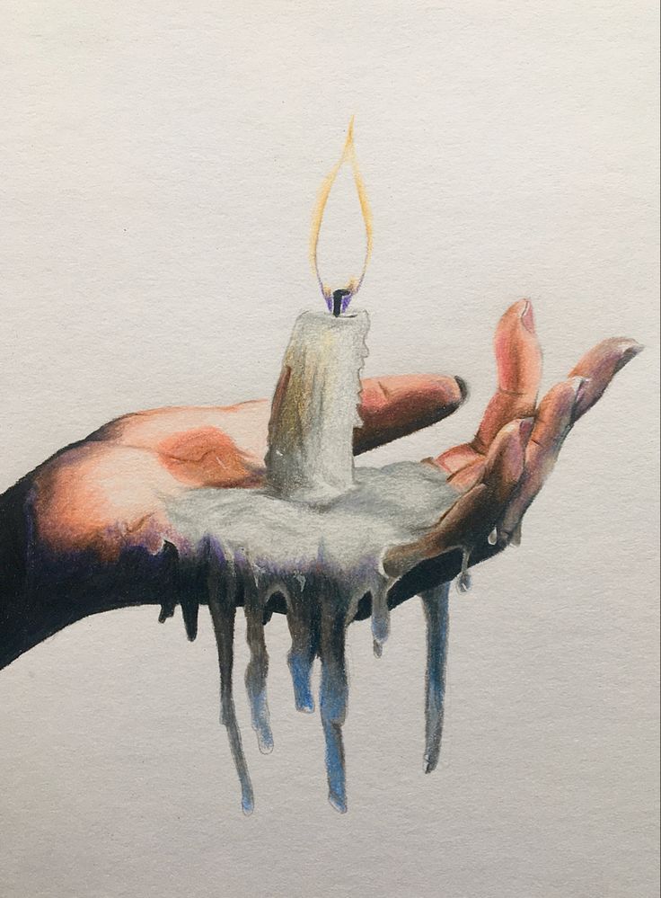 a painting of a hand holding a lit candle in it's palm with water dripping from the top