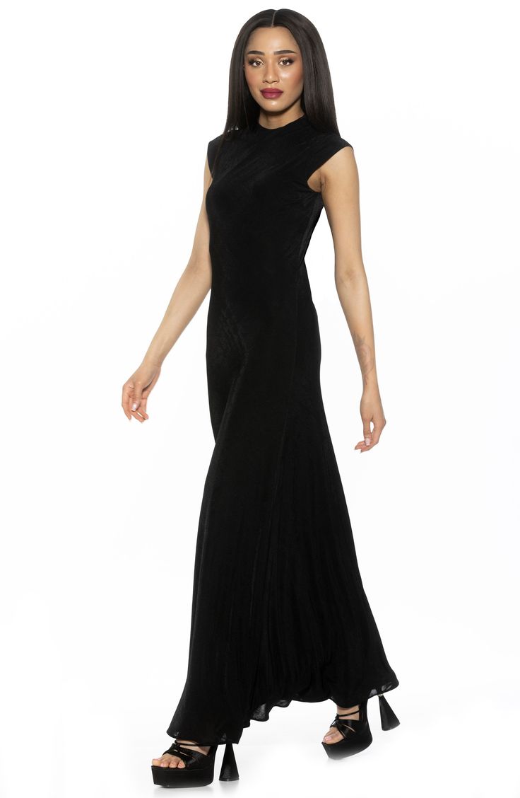 A fitted bodice gives way to a full skirt in this endlessly wearable maxi dress. 59" length Hidden back-zip closure Mock neck Cap sleeves Lined 97% polyester, 3% spandex Machine wash, line dry Imported Formal A-line Maxi Dress With Pleated Back, High Neck Evening Dresses With Back Zipper, Evening Dresses With High Neck And Back Zipper, High Neck Dresses With Back Zipper For Evening, Fitted Sleek Maxi Dress, Elegant High Neck Dress With Back Zipper, Elegant A-line Dress With Side Zipper, Elegant A-line Maxi Dress With Back Zipper, Black Fitted A-line Maxi Dress