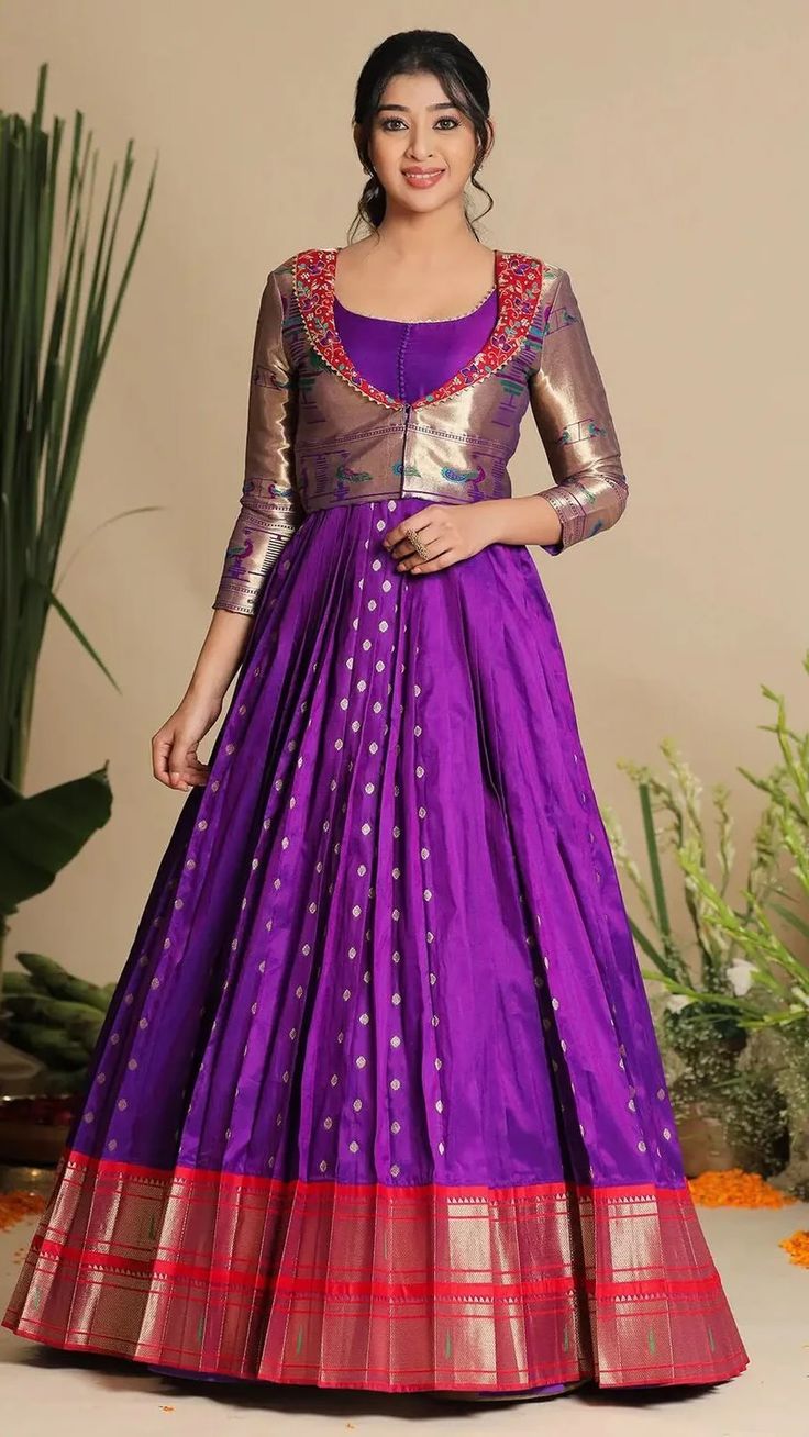 Kayyes Boutique | Celebrate this Rakhi with our contemporary Banarasi purple dress, showcasing elegant potli details on the yoke and a pattu border on the... | Instagram Saree Dress Design Ideas, Kids Party Wear Dresses, Simple Lehenga, Long Gown Design, Simple Kurta Designs, Long Gown Dress, Long Dress Design, Gown Pattern, Indian Gowns Dresses