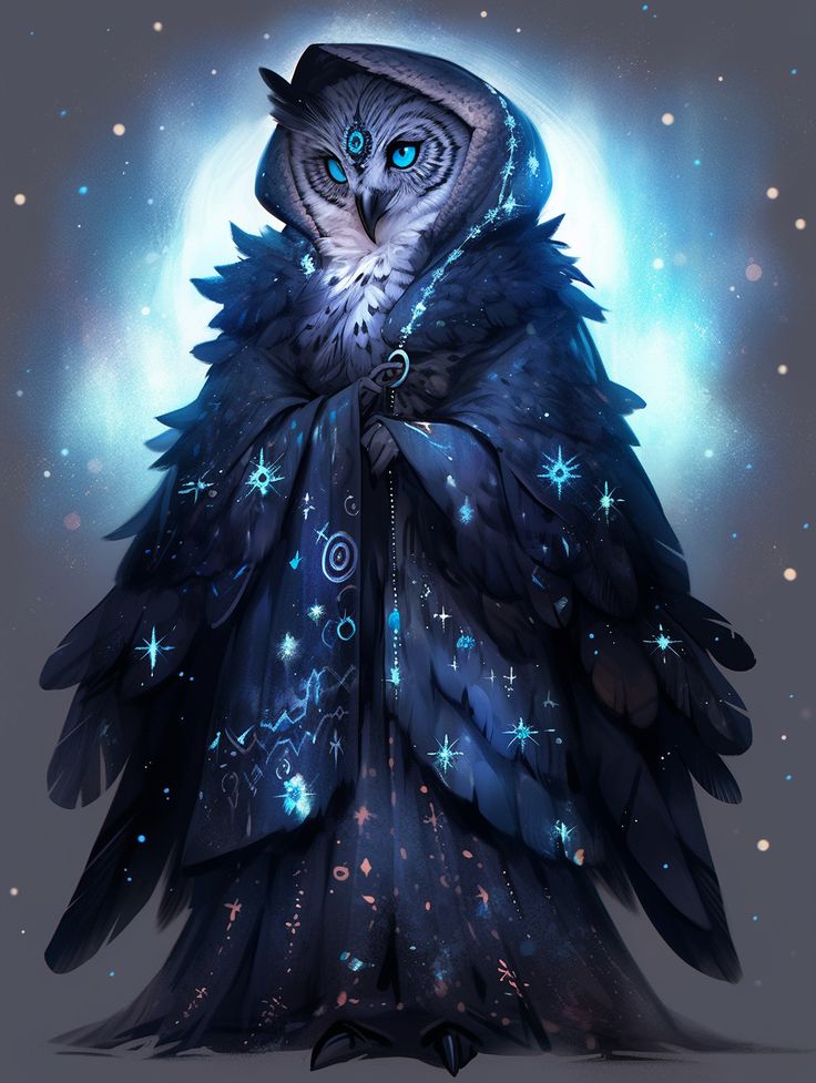 an owl with blue eyes is dressed up in a black dress and has stars all over it