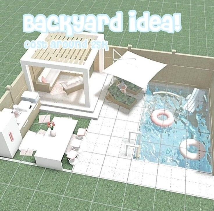 an aerial view of a pool and patio with text that reads backyard idea on it