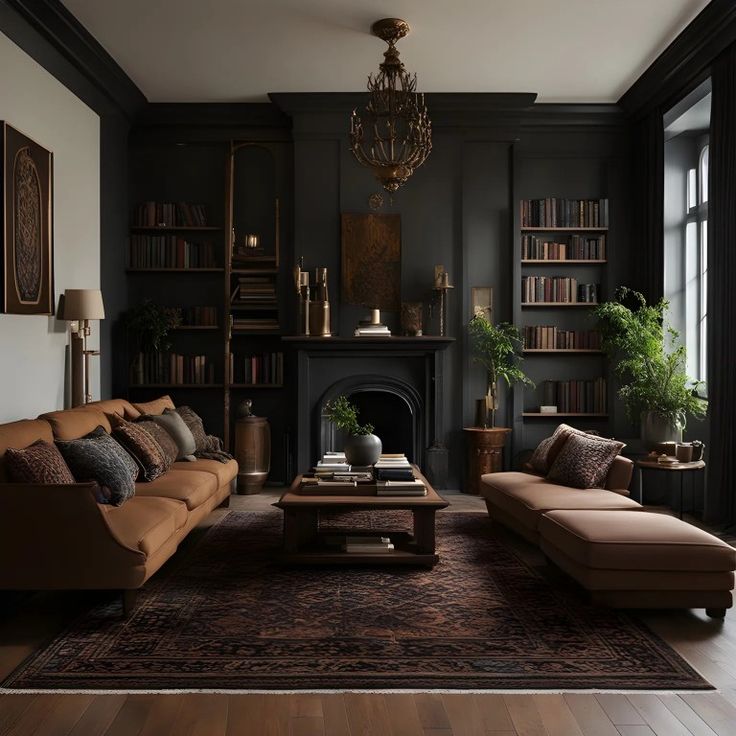 One Colored Wall Living Room, Modern Vintage Interior Design Living Rooms, Vintage Formal Living Room, Dark Living Rooms Ideas, Muted Home Decor, Dark Acedemia Furniture, Dark Academia Lounge Room, Dark Home Decor Living Room, Moody Academia Living Room