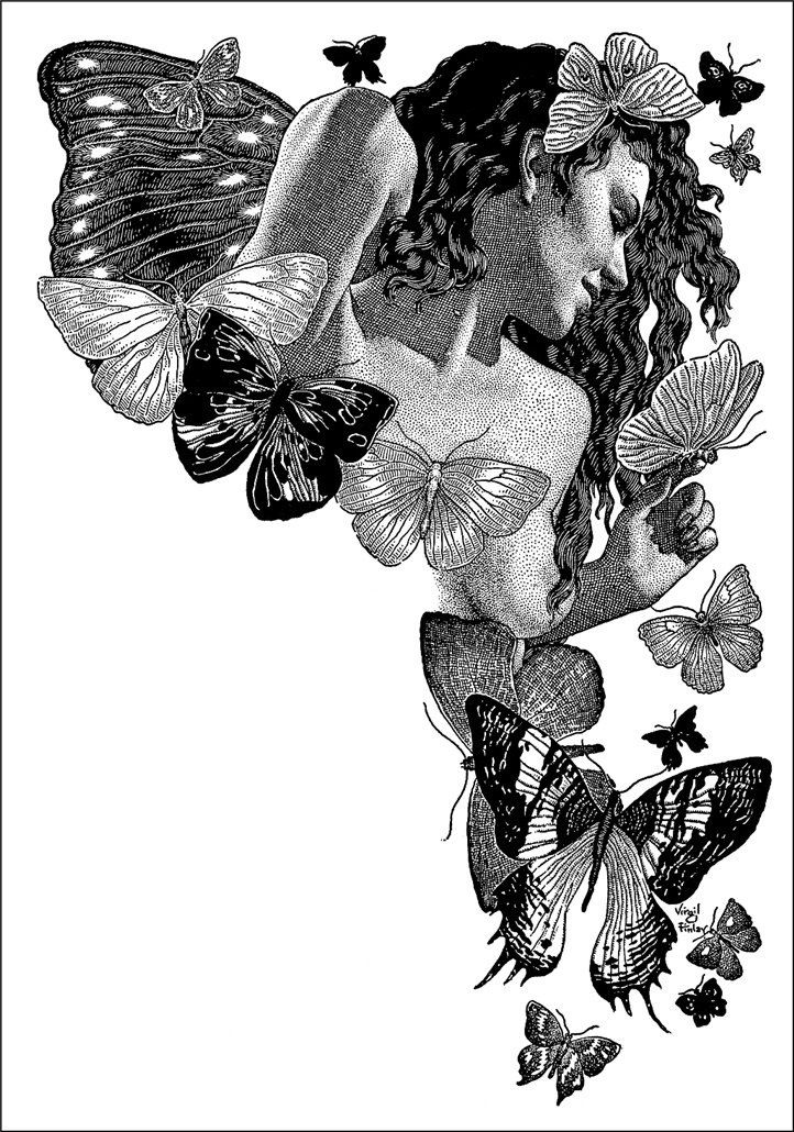 a drawing of a woman with butterflies around her neck and back, in black and white