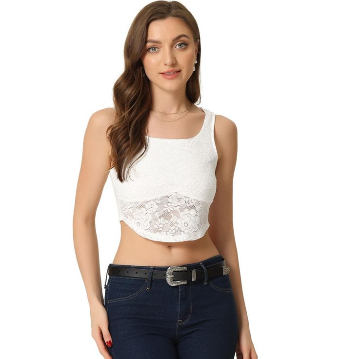 In a floral lace fabric, this tank top adds to your choice for party and club occasion. This hot top, designed with lace fabric and semi sheer design, adds a touch of fashion to your wardrobe. Paired with any tight trousers or short skirts for a chic and hot look. Tank Tops White, Crop Top Sleeveless, Hot Top, Lace Crop Tops, Top Sleeveless, White Tank Top, Cropped Tank Top, Crop Tank, Lace Fabric