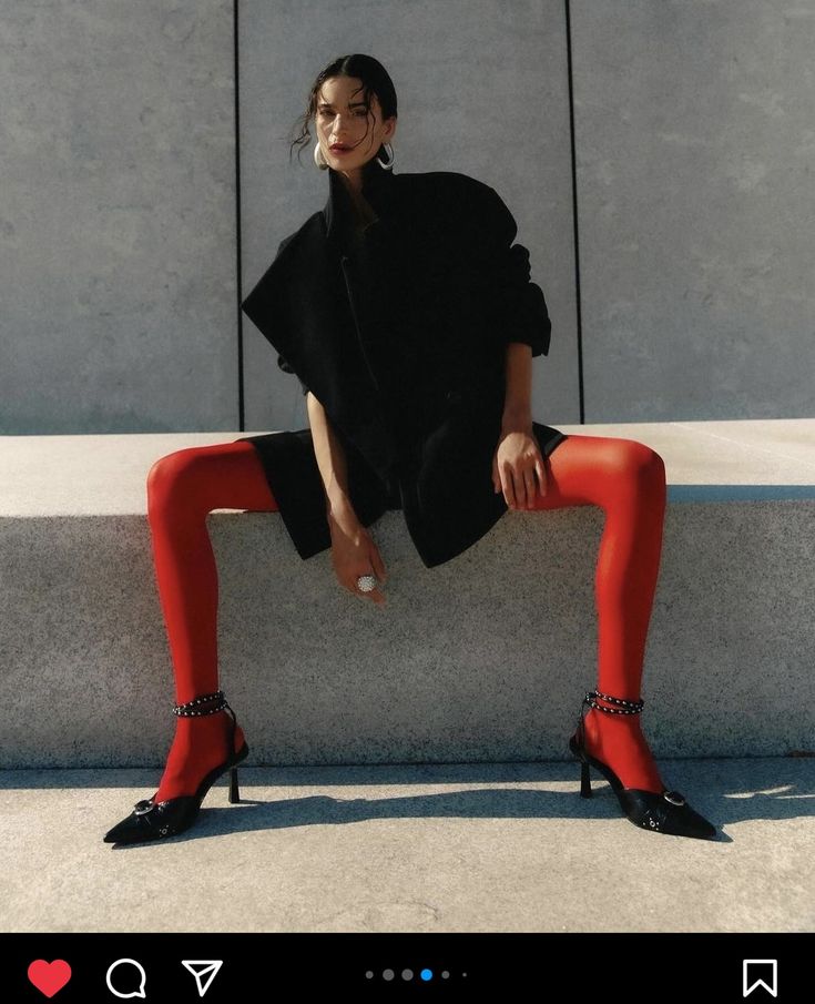 Long Legs Photoshoot Ideas, Colourful Tights, Street Shoot, Vogue Editorial, Creative Photoshoot, Red Tights, Tights Fashion, Creative Photoshoot Ideas, Colored Tights