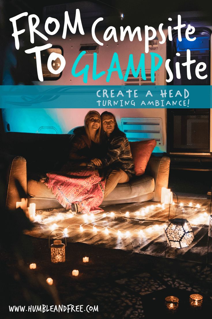 two people sitting on a couch with candles around them and the words from campsite to glamsite