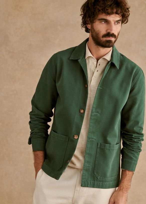 Tim Jacket - Green - Organic Cotton - Octobre Éditions Winter Cotton Sport Coat With Lapel Collar, Winter Utility Jacket With Lapel Collar In Cotton, Winter Cotton Utility Jacket With Lapel Collar, Unstructured Long Sleeve Cotton Blazer, Relaxed Fit Cotton Blazer With Long Sleeves, Classic Cotton Blazer With Pockets, Unstructured Utility Jacket For Everyday Spring Wear, Green Cotton Outerwear With Patch Pockets, Fall Cotton Outerwear With Relaxed Fit