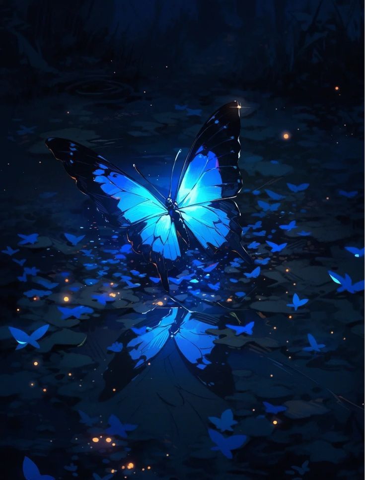 a blue butterfly is floating in the water with its wings spread out and lights shining on it