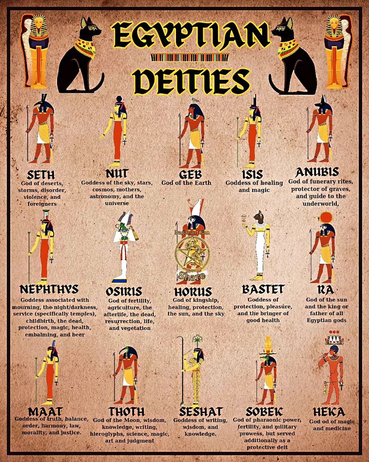 an egyptian poster showing the different types of deities