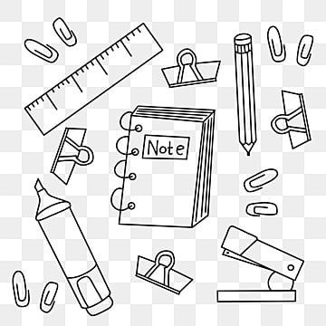 a black and white line drawing of school supplies, including pencils, rulers, eraser