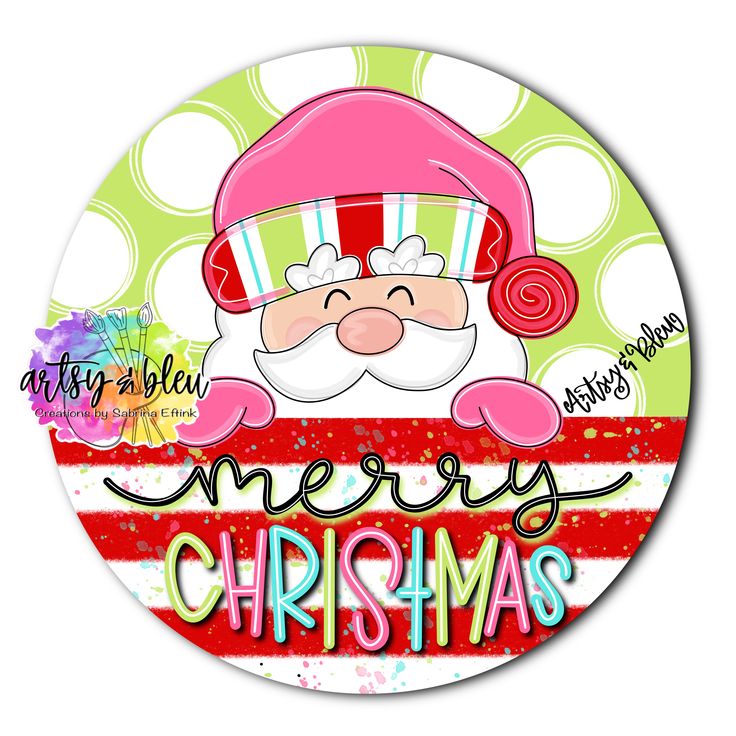 a round button with a cartoon santa clause on it's face and the words merry christmas